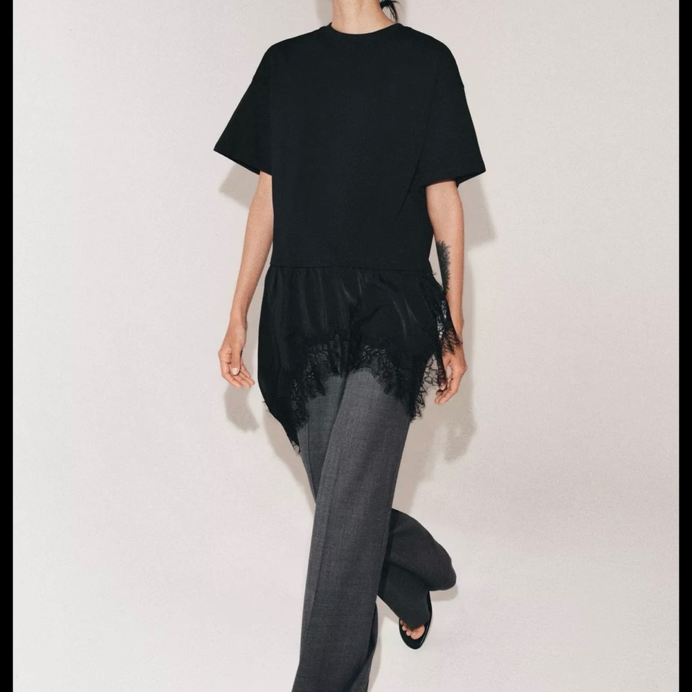 Zara Combination Black Shirt Lace-Hem Short Sleeve Top - Picture 2 of 5